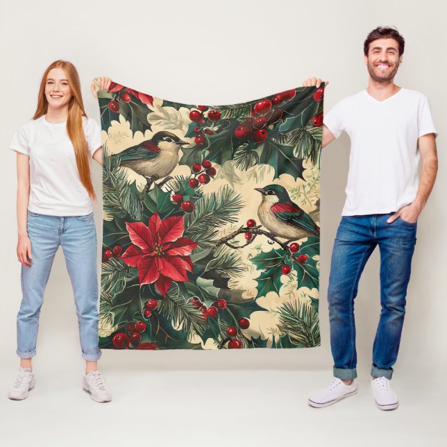 Weihnachtsmuster für Rustikale Vögel und Poinsetti Fleecedecke (Beispiel)