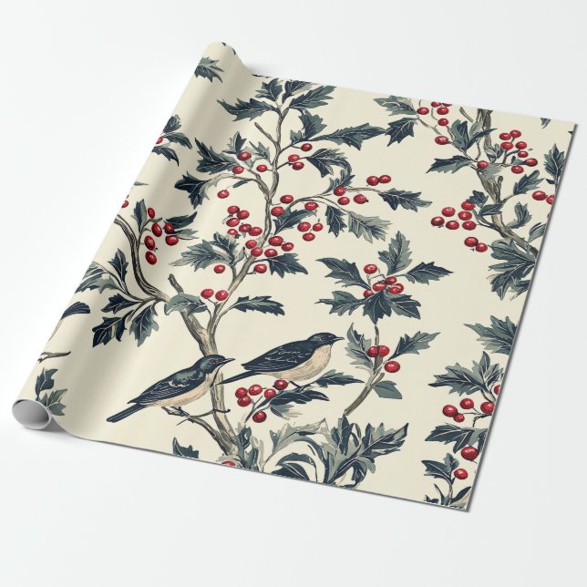 Weihnachtsmuster für Rustikale Vögel und Poinsetti Geschenkpapier (Ungerollt)