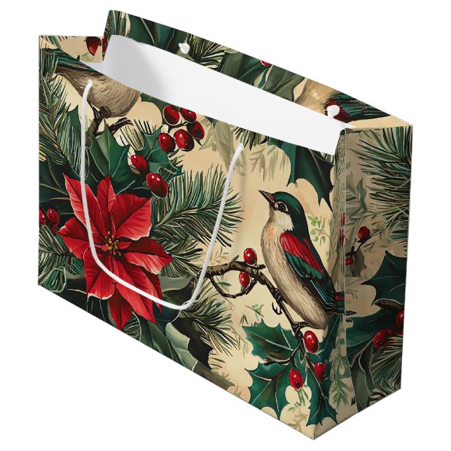 Weihnachtsmuster für Rustikale Vögel und Poinsetti Große Geschenktüte (Vorderseite Schrägansicht)