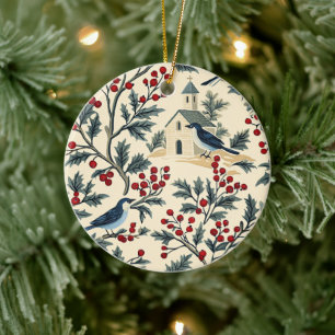 Weihnachtsmuster für Rustikale Vögel und Poinsetti Keramik Ornament