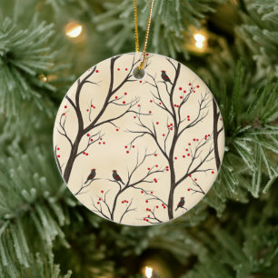 Weihnachtsmuster für Rustikale Vögel und Poinsetti Keramik Ornament