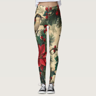Weihnachtsmuster für Rustikale Vögel und Poinsetti Leggings