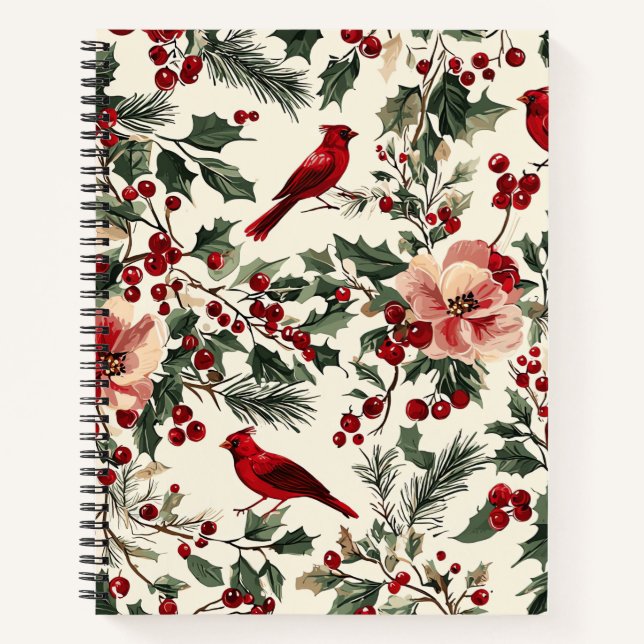 Weihnachtsmuster für Rustikale Vögel und Poinsetti Notizbuch (Vorderseite)