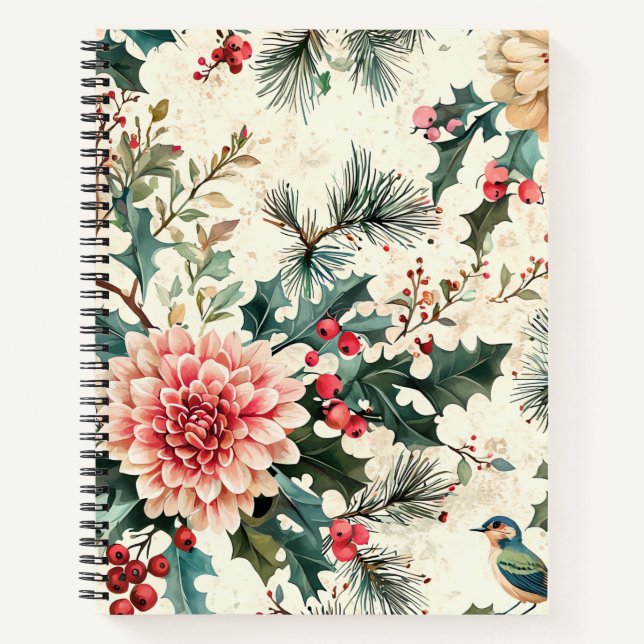 Weihnachtsmuster für Rustikale Vögel und Poinsetti Notizbuch (Vorderseite)