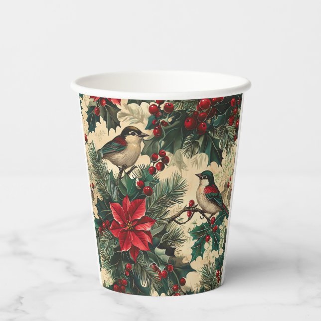 Weihnachtsmuster für Rustikale Vögel und Poinsetti Pappbecher (Rückseite)