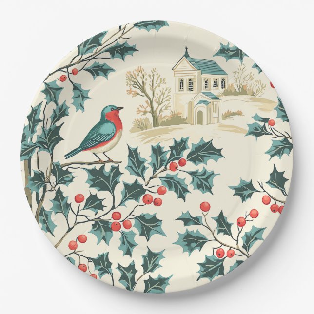 Weihnachtsmuster für Rustikale Vögel und Poinsetti Pappteller (Vorderseite)
