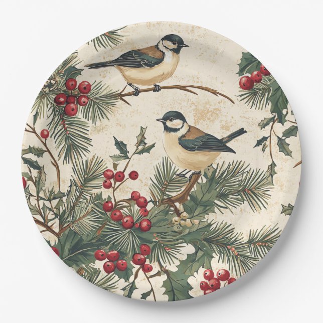 Weihnachtsmuster für Rustikale Vögel und Poinsetti Pappteller (Vorderseite)