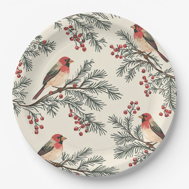 Weihnachtsmuster für Rustikale Vögel und Poinsetti Pappteller (Vorderseite)