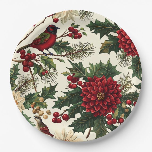 Weihnachtsmuster für Rustikale Vögel und Poinsetti Pappteller (Vorderseite)