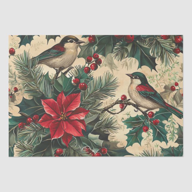 Weihnachtsmuster für Rustikale Vögel und Poinsetti Seidenpapier (Vorderseite)
