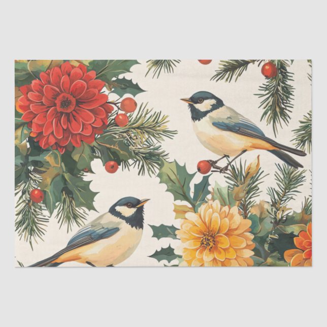 Weihnachtsmuster für Rustikale Vögel und Poinsetti Seidenpapier (Vorderseite)