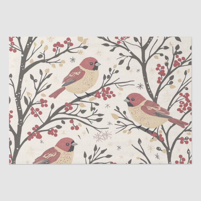 Weihnachtsmuster für Rustikale Vögel und Poinsetti Seidenpapier (Vorderseite)