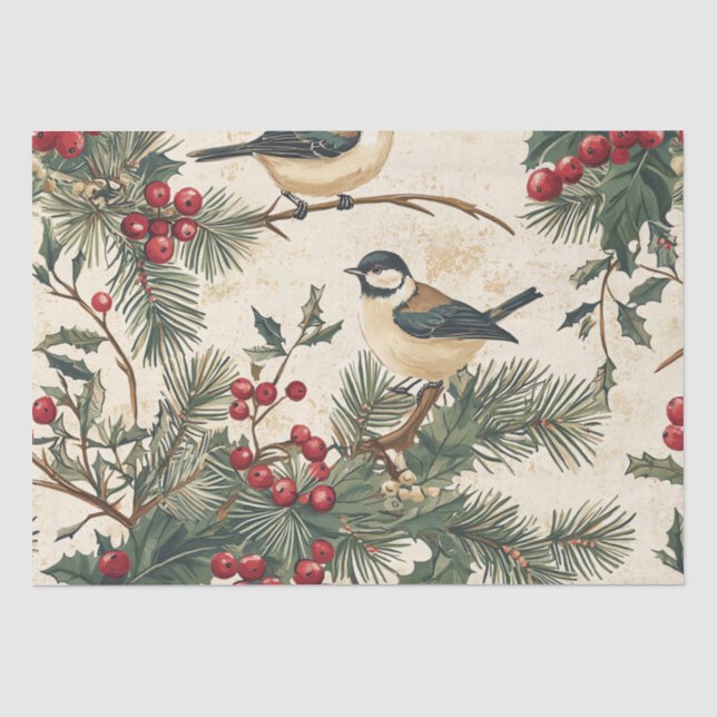 Weihnachtsmuster für Rustikale Vögel und Poinsetti Seidenpapier (Vorderseite)
