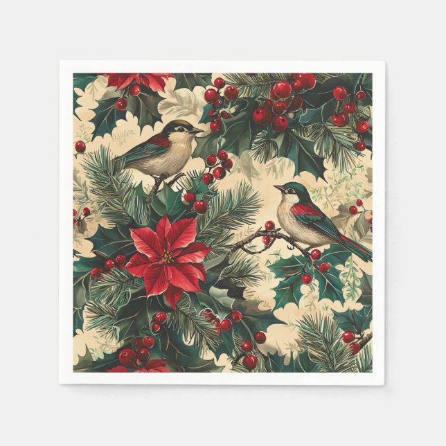 Weihnachtsmuster für Rustikale Vögel und Poinsetti Serviette (Vorderseite)