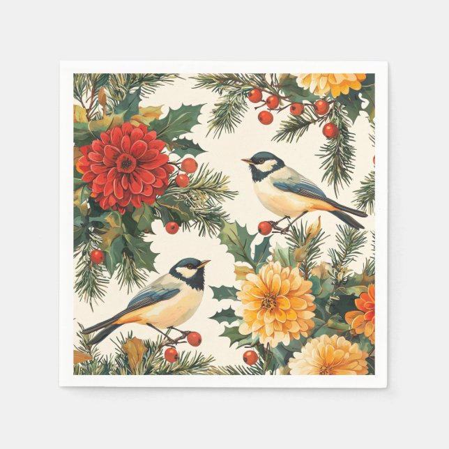 Weihnachtsmuster für Rustikale Vögel und Poinsetti Serviette (Vorderseite)