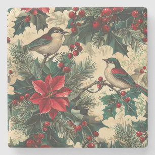 Weihnachtsmuster für Rustikale Vögel und Poinsetti Steinuntersetzer