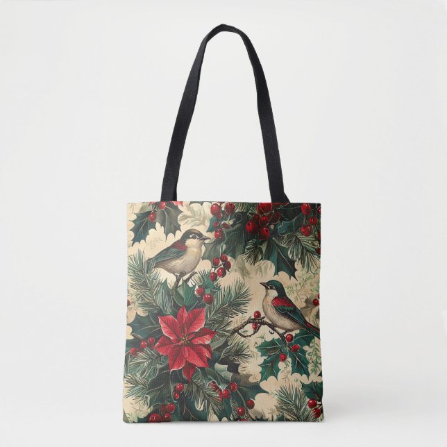 Weihnachtsmuster für Rustikale Vögel und Poinsetti Tasche (Vorderseite)