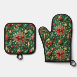 Weihnachtsmuster Gold Schneeflocke Ofenhandschuh & Topflappen-Set