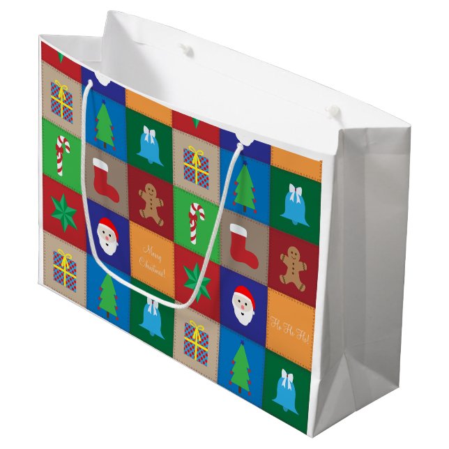 Weihnachtsmuster Große Geschenktasche - farbenfroh Große Geschenktüte (Vorderseite Schrägansicht)