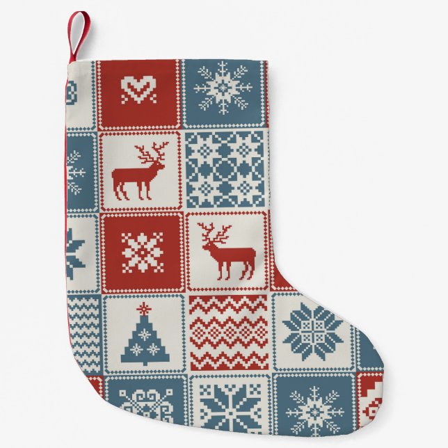 Weihnachtsmuster im Patchwork-Stil. Traditionell Kleiner Weihnachtsstrumpf (Vorderseite)