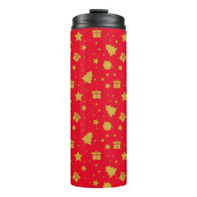 Weihnachtsmuster in Rot und Gold Thermosbecher (Vorderseite)