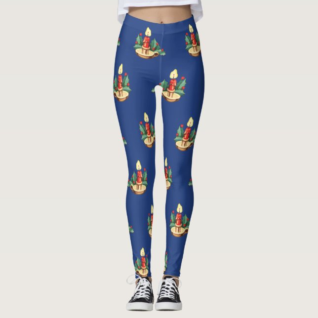 Weihnachtsmuster, Kerzen und Holly Leggings (Vorderseite)