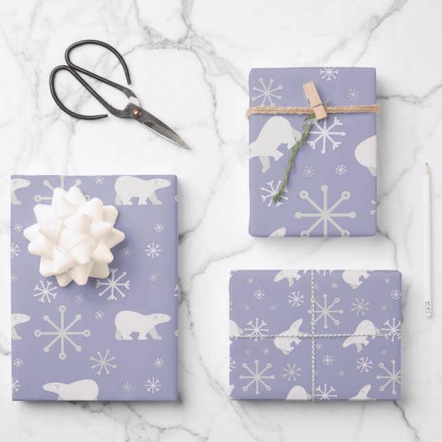 Weihnachtsmuster mit Eisbären und Schneeflocken Geschenkpapier Set (Vorderseite)