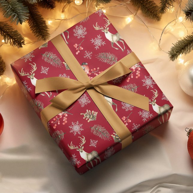 Weihnachtsmuster mit Hirschen und Bullfinken rot Seidenpapier (Von Creator hochgeladen)