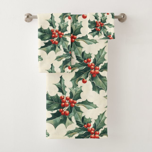 Weihnachtsmuster mit Holly-Blätter und Red Berry Badhandtuch Set (Insitu)