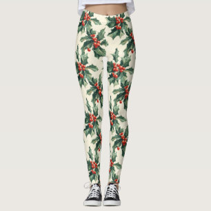 Weihnachtsmuster mit Holly-Blätter und Red Berry Leggings