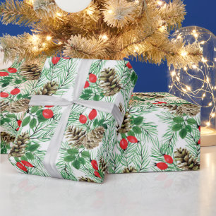 Weihnachtsmuster mit immergrünen und roten Beeren Geschenkpapier