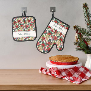 Weihnachtsmuster mit Poinsettie und Stechpalme per Ofenhandschuh & Topflappen-Set