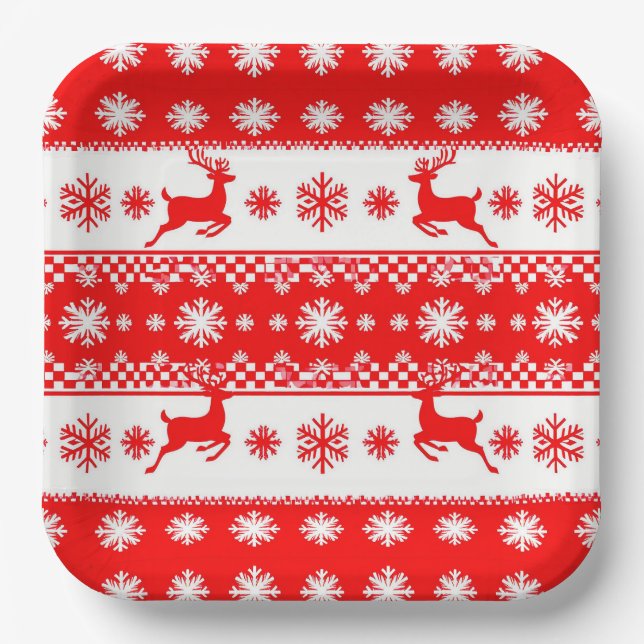 Weihnachtsmuster mit Rentier und Schneeflocken Pappteller (Vorderseite)