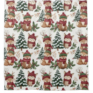 Weihnachtsmuster mit Waldtieren mit Fuchs und Eule Duschvorhang