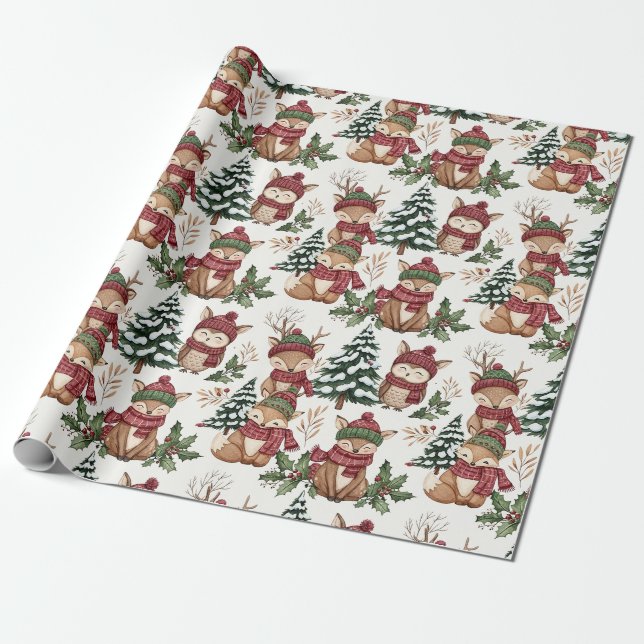Weihnachtsmuster mit Waldtieren mit Fuchs und Eule Geschenkpapier (Ungerollt)