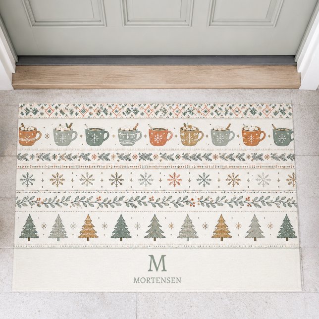 Weihnachtsmuster-Monogramm Fußmatte (elegant hygge winter christmas holiday pattern door mat with custom monogram initial family name )