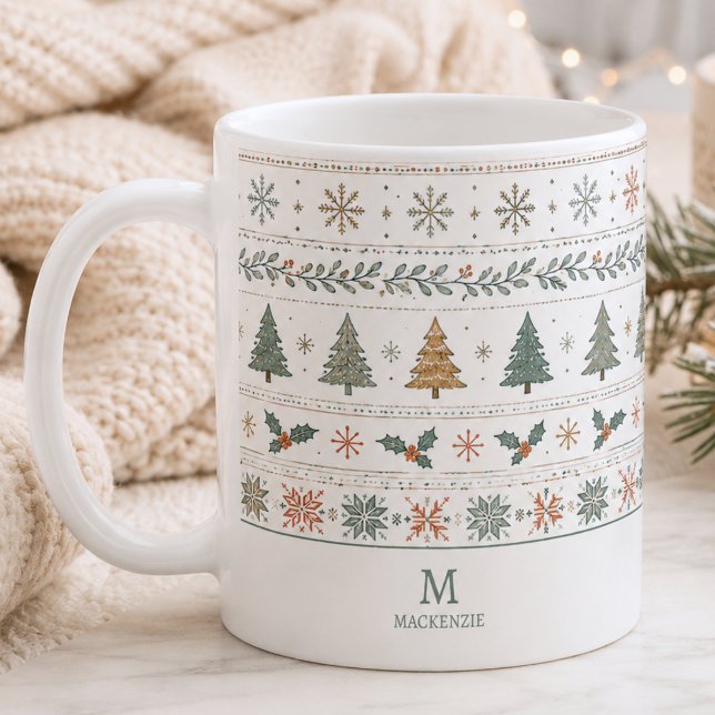 Weihnachtsmuster-Monogramm Kaffeetasse (elegant cozy hygge Christmas winter holiday pattern mug with custom monogram initial and name)