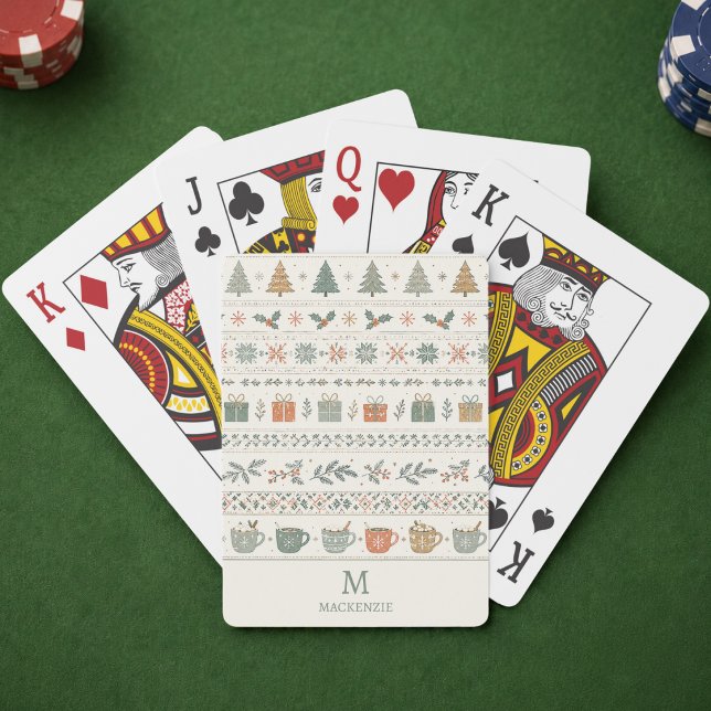 Weihnachtsmuster-Monogramm Spielkarten (elegant cozy hygge festive christmas holiday playing cards with custom monogram initial and name)