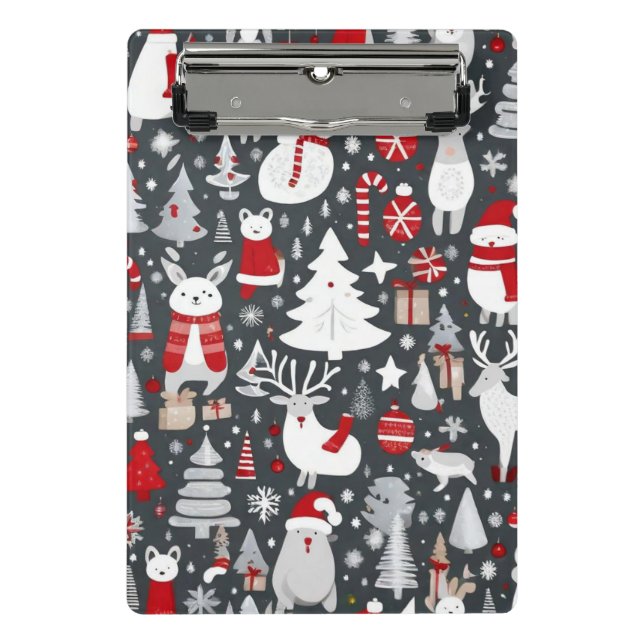 Weihnachtsmuster Snowman Santa Bäume graue Dekorat Mini Klemmbrett (Vorderseite)