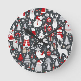 Weihnachtsmuster Snowman Santa Bäume graue Dekorat Runde Wanduhr