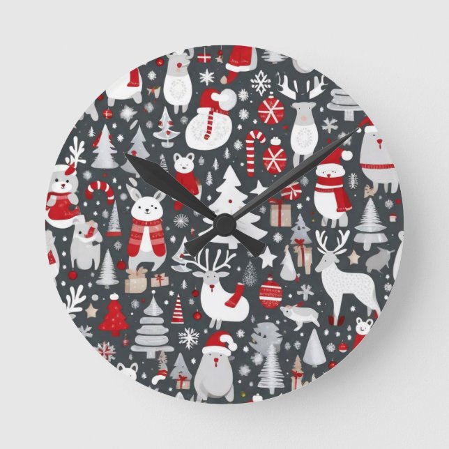 Weihnachtsmuster Snowman Santa Bäume graue Dekorat Runde Wanduhr (Vorderseite)