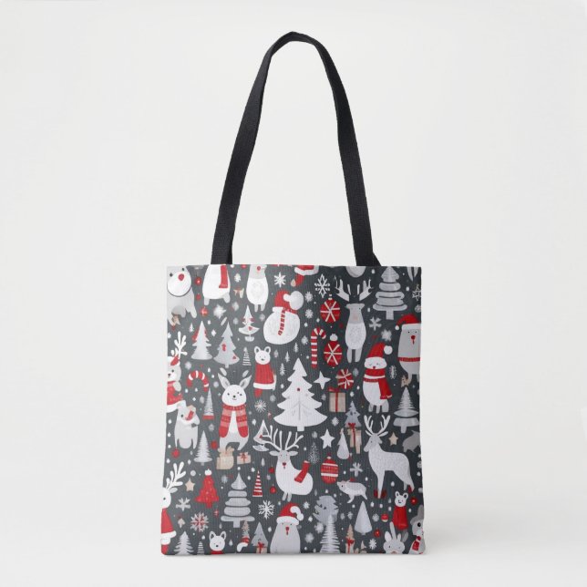 Weihnachtsmuster Snowman Santa Bäume graue Dekorat Tasche (Vorderseite)