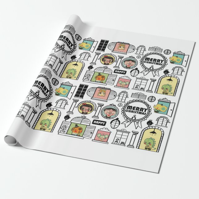 Weihnachtsmuster-Tierfenster-Entwurf Geschenkpapier (Ungerollt)
