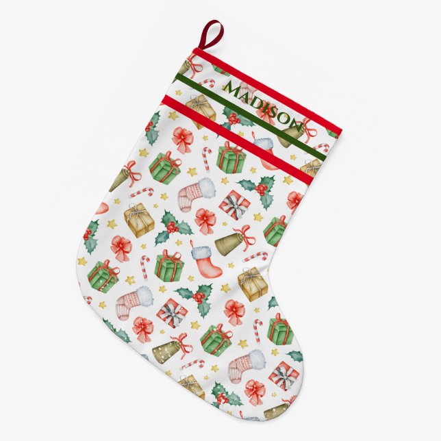 Weihnachtsmuster Urlaub Rot & Grün Großer Weihnachtsstrumpf (Vorderansicht (hängend))