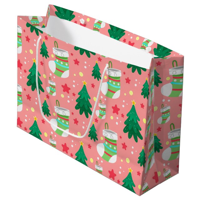Weihnachtsmuster von Strümpfen der Sterne Bäume Große Geschenktüte (Vorderseite Schrägansicht)