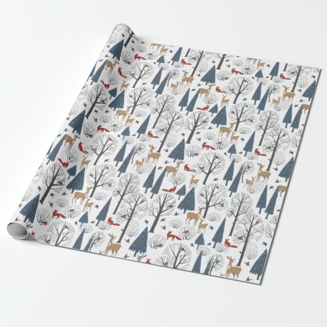 Weihnachtsmuster von Tieren im Winterwald Geschenkpapier (Ungerollt)