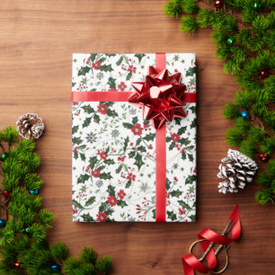 Weihnachtsmuster W/ Holly, Rote Blume & Berries Geschenkpapier