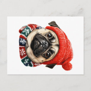 Weihnachtsmütze süßer Mops Postkarte