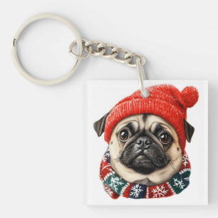Weihnachtsmütze süßer Mops Schlüsselanhänger