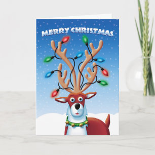 Weihnachtsniedliches Ren mit Lichtern auf Geweihen Feiertagskarte
